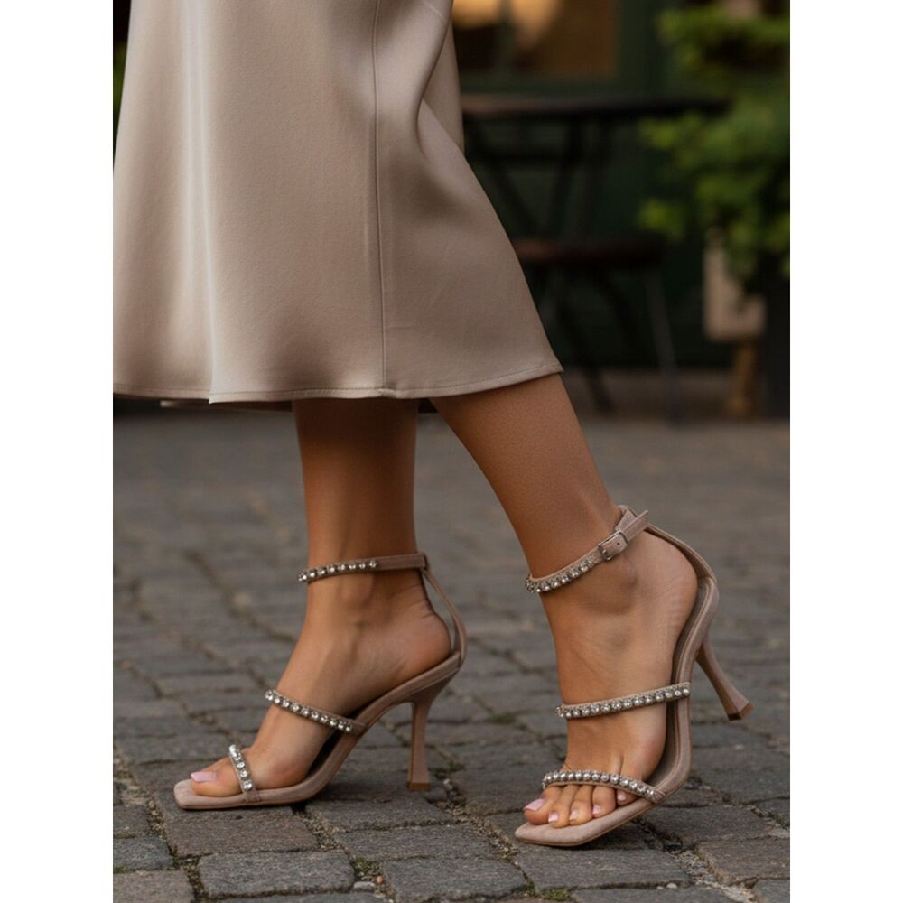 Marc Fisher Nude Leather Rhinestone Strappy Square Toe Sandals - Size 6